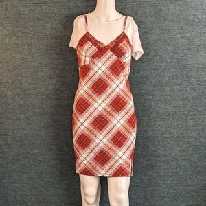 Plaid Lace Trim Slip Dress Layered With A Cropped Tee